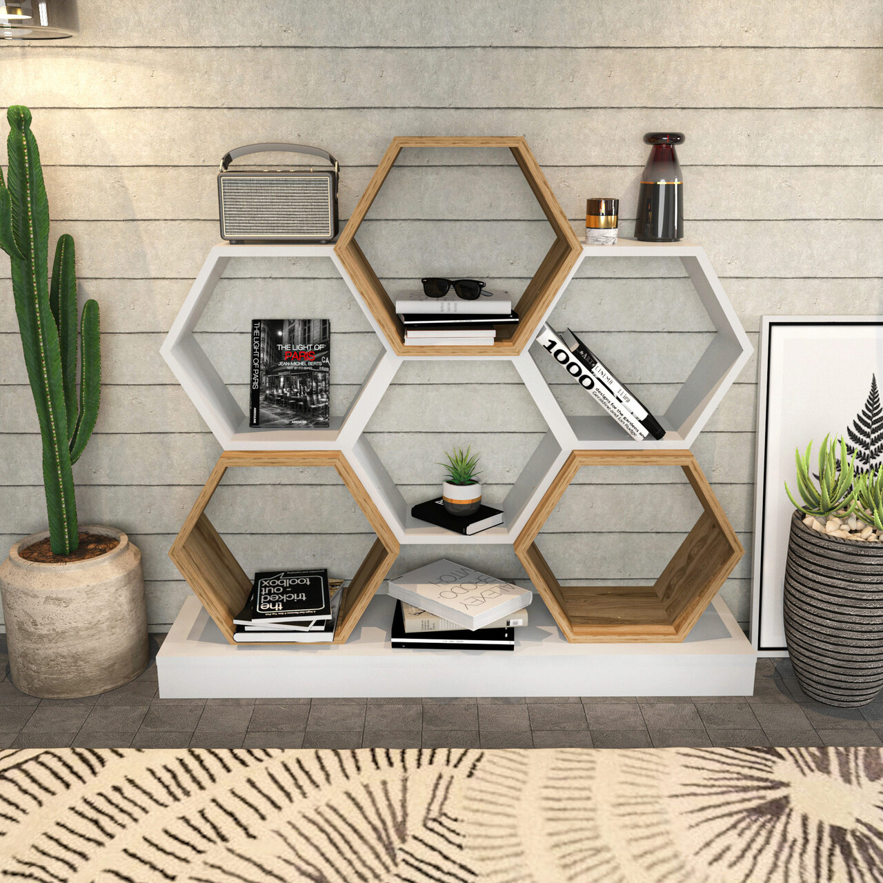 Corp biblioteca, Hanah Home, Cicek, 120x29.5x109 cm, Alb / Stejar - imagine 7